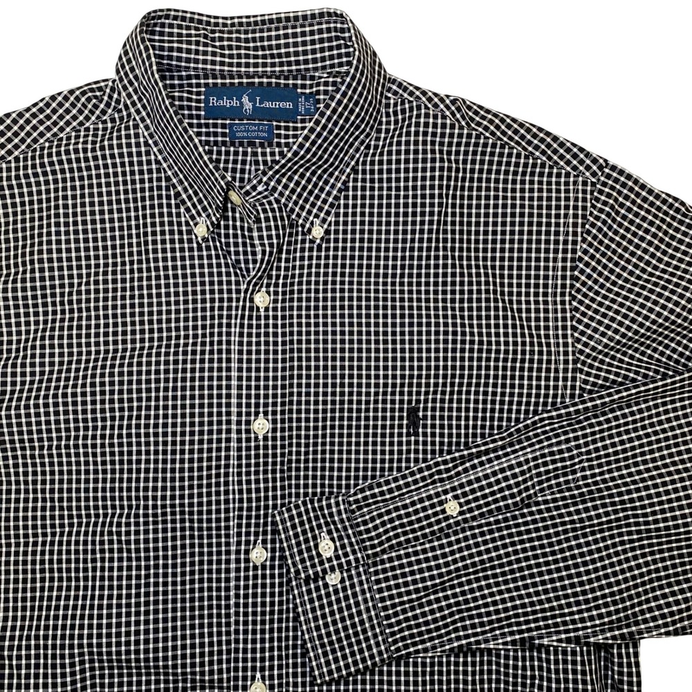 Ralph Lauren Mens Custom Fit Gingham Button Down Shirt Black White 17 34/35